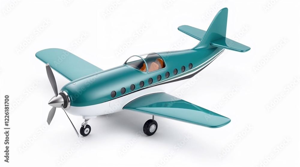 Turquoise and white airplane flying on white background Turquoise and white airplane flying on white background