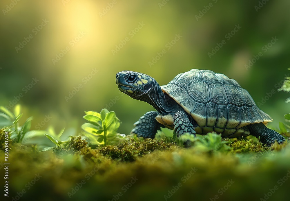 Close-Up of a Majestic Turtle Crawling Through Lush Greenery in a Serene Natural Environment, Highlighting Its Intricate Shell Patterns and Detail Close-Up of a Majestic Turtle Crawling Through Lush Greenery in a Serene Natural Environment, Highlighting Its Intricate Shell Patterns and Detail