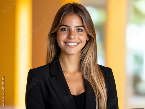 A confident young woman in a professional outfit smiles warmly for the camera, embodying success and approachability in a modern workspace setting.