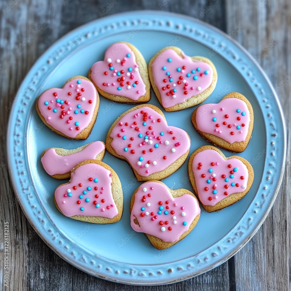 A delightful image of heart-shaped cookies adorned with pink icing and colorful sprinkles, presented on a light blue plate, evoking warmth and affection. A delightful image of heart-shaped cookies adorned with pink icing and colorful sprinkles, presented on a light blue plate, evoking warmth and affection.