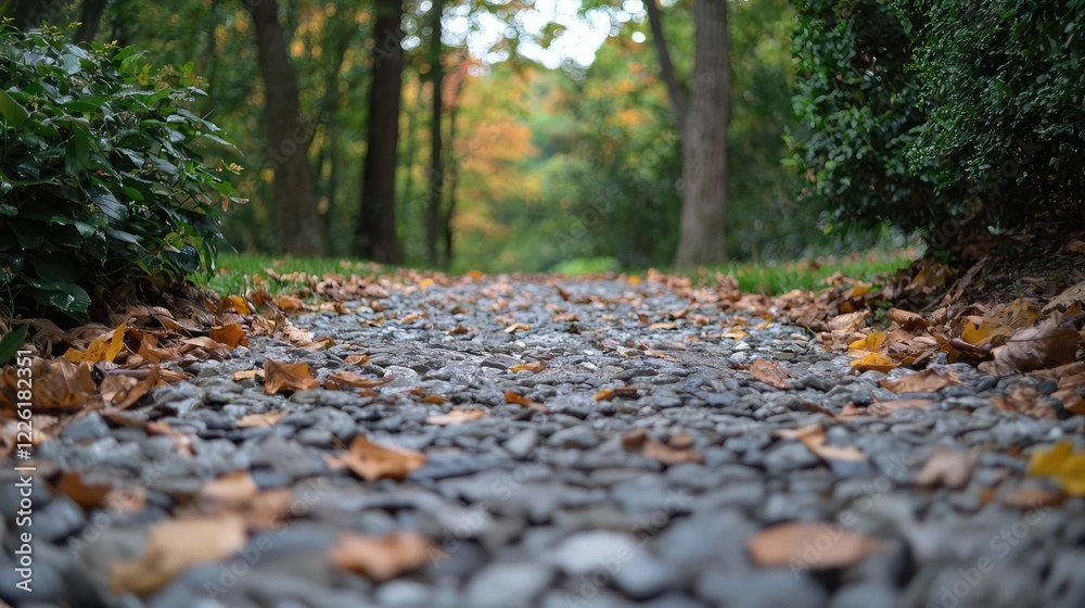 Autumnal gravel path in park, trees blurred background, peaceful scene, nature photography Autumnal gravel path in park, trees blurred background, peaceful scene, nature photography