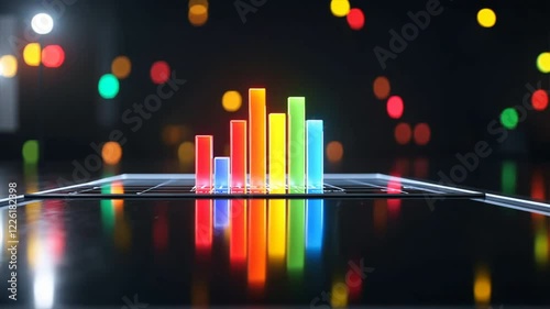 Colorful bar graph on digital display with bright neon lights in background, showcasing data visualization and analysis of statistics in abstract technology setting.