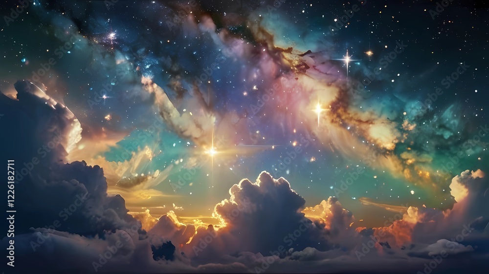 Fototapeta premium キラキラ七色に輝く天国のような雲と空