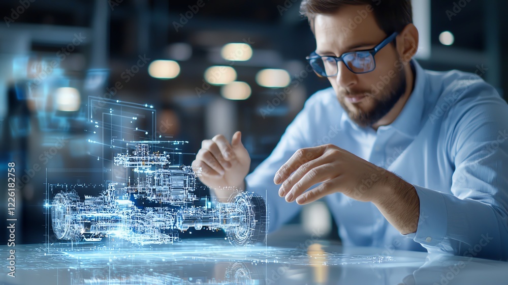 A focused engineer interacts with a holographic car model, showcasing advanced technology and innovation in automotive design, emphasizing the integration of digital tools in engin