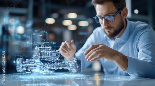 Obraz na płótnie A focused engineer interacts with a holographic car model, showcasing advanced technology and innovation in automotive design, emphasizing the integration of digital tools in engin w salonie