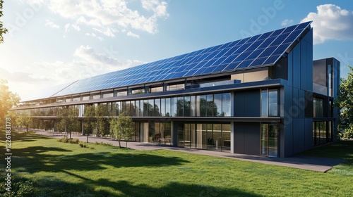 Wallpaper Mural Modern office building with solar panels on roof in a green field under the blue sky Torontodigital.ca