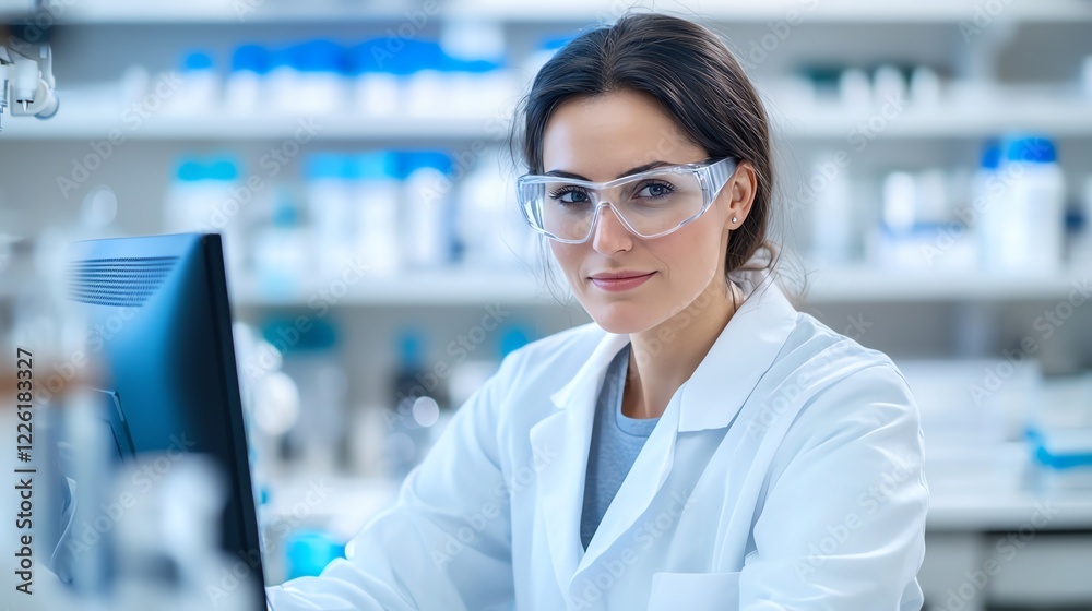 Fototapeta premium A focused scientist working in a modern laboratory, wearing protective goggles and a lab coat