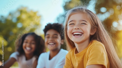 A group of children smiling joyfully in a sunny outdoor setting. Their expressions radiate happiness and friendship, capturing the essence of carefree childhood moments.