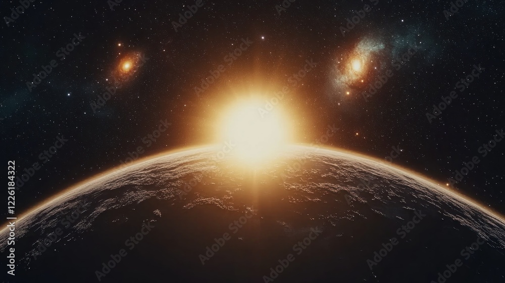 Obraz premium Sunrise over alien planet, nebulae backdrop, space exploration