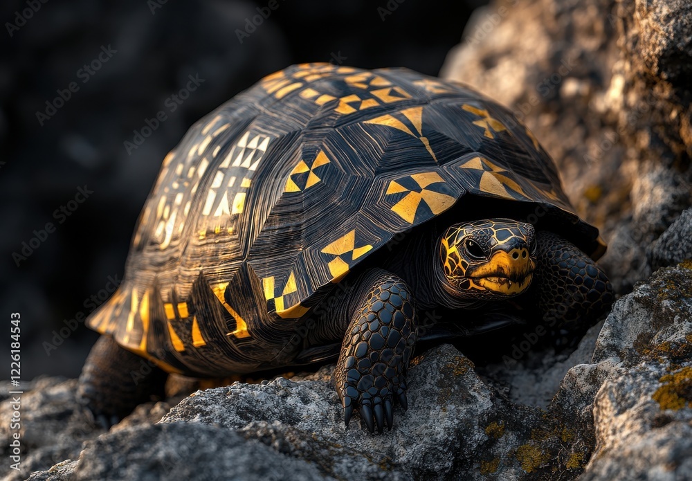 Close-up of a vibrant tortoise resting on rocks with unique shell patterns illuminated by golden sunlight in a natural outdoor setting Close-up of a vibrant tortoise resting on rocks with unique shell patterns illuminated by golden sunlight in a natural outdoor setting