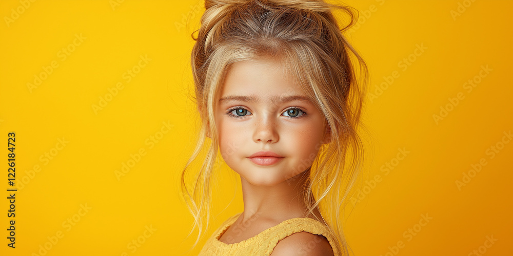 Playful young girl with blonde hair bright yellow background portrait photography cheerful atmosphere close-up view capturing innocence Playful young girl with blonde hair bright yellow background portrait photography cheerful atmosphere close-up view capturing innocence
