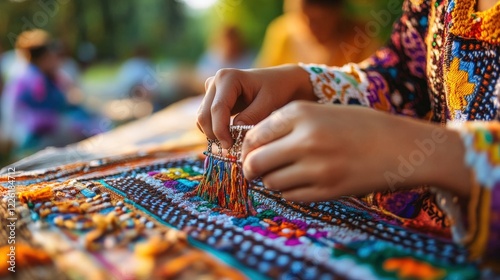 Woman Craftswoman Embroidering Vibrant Colorful Textile