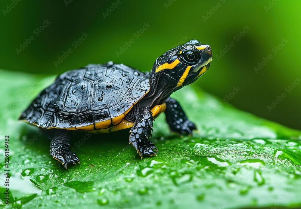 Close-Up of a Vibrant Turtle with Yellow Stripes on a Leaf in Rain-Drenched Tropical Environment Showcasing Nature's Beauty and Wildlife Diversity Close-Up of a Vibrant Turtle with Yellow Stripes on a Leaf in Rain-Drenched Tropical Environment Showcasing Nature's Beauty and Wildlife Diversity