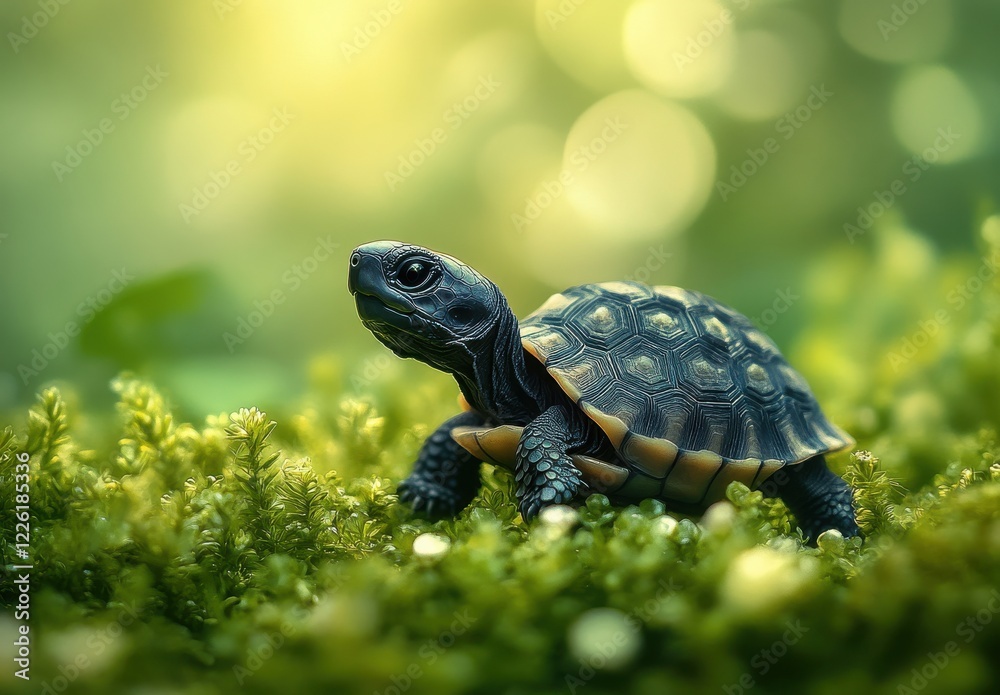 Close-Up of a Young Turtle Crawling Through Lush Green Moss in a Natural Environment Under Soft Sunlight with a Blurred Background Close-Up of a Young Turtle Crawling Through Lush Green Moss in a Natural Environment Under Soft Sunlight with a Blurred Background