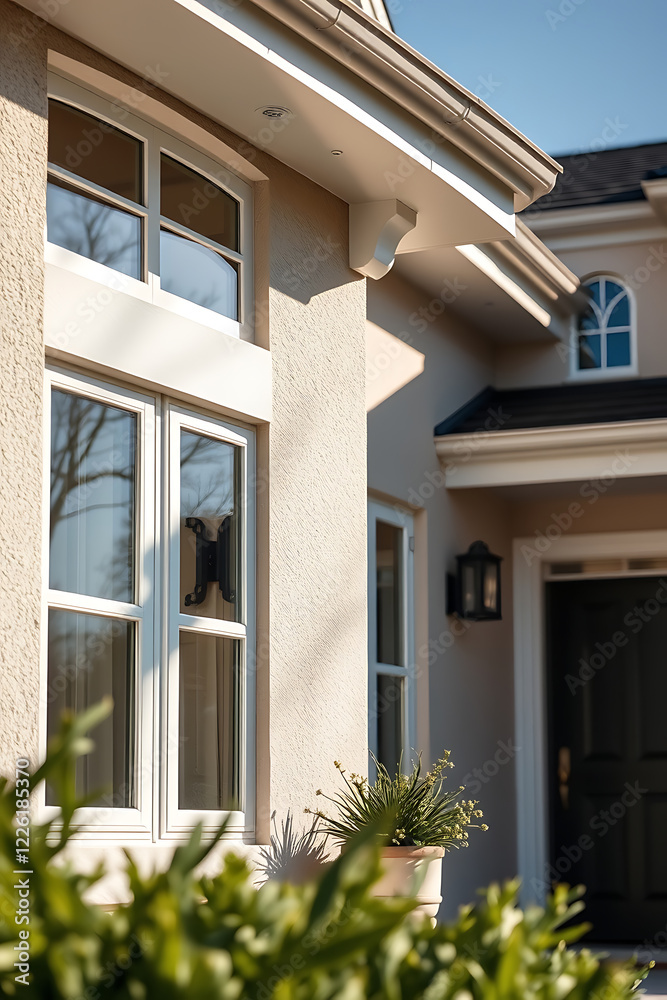 Elegant Home Exterior: Classic Architecture and Modern Design. Discover the beauty of this luxury house with its stunning facade, large windows, and meticulous landscaping details. Elegant Home Exterior: Classic Architecture and Modern Design. Discover the beauty of this luxury house with its stunning facade, large windows, and meticulous landscaping details.
