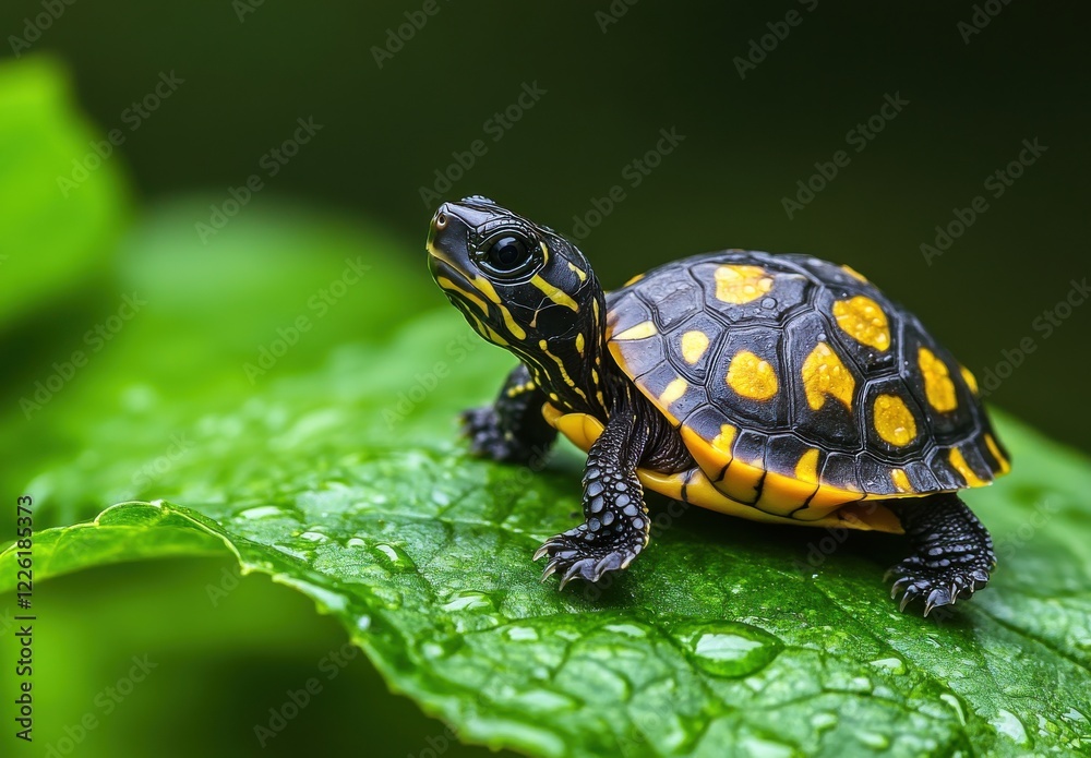 Obraz premium Close-Up of a Young Turtle with Vibrant Yellow and Black Shell Resting on a Leaf with Dew Droplets in a Lush Green Environment