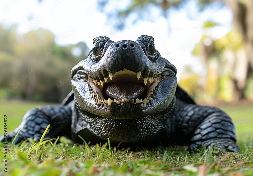 Obraz premium Close-Up of an Alligator Snapping Turtle Grinning in a Natural Habitat Surrounded by Lush Green Grass and Soft Background Elements