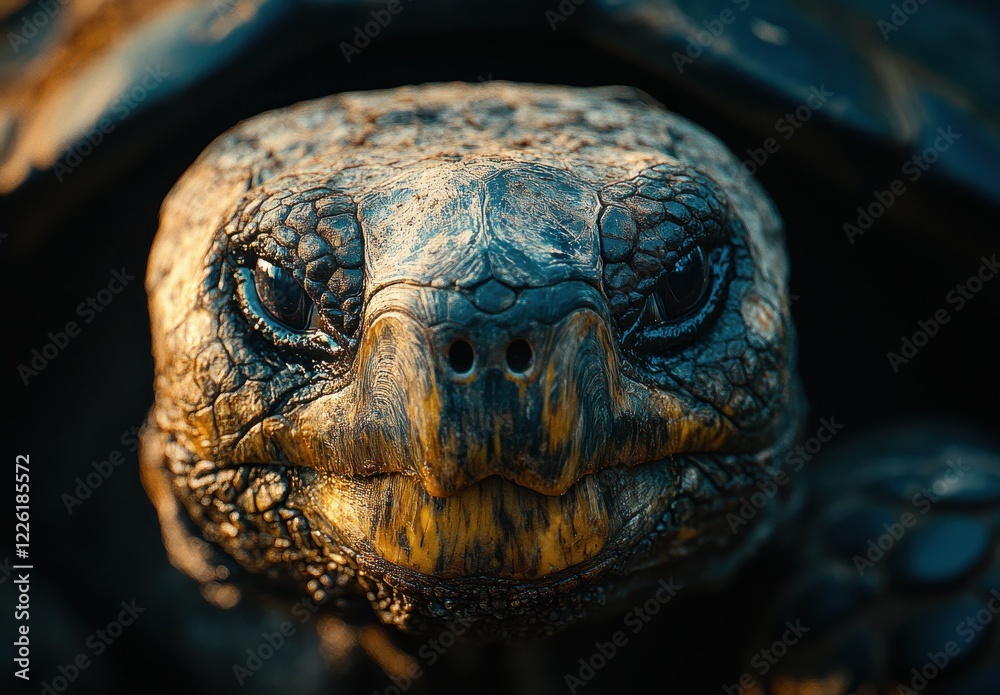 Fototapeta premium Close-up of an Intricate Tortoise Face with Detailed Textures and Distinctive Features Captured in Natural Light