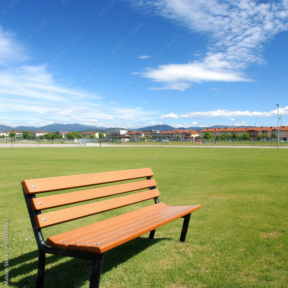 Empty Park Bench Under Clear Blue Sky with Green Grass Landscape Empty Park Bench Under Clear Blue Sky with Green Grass Landscape