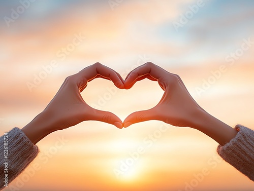 A pair of hands forming a heart shape against a beautiful sunset, symbolizing love and connection. The warm colors of the sky create a serene and romantic atmosphere. photo