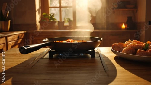 Cozy Kitchen Cooking Frying Pan on Stove with Steam Rising, Natural Light Illuminating Food on Wooden Table