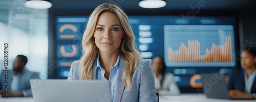 A professional woman confidently engages with her team in a modern office, analyzing data on sleek digital screens
