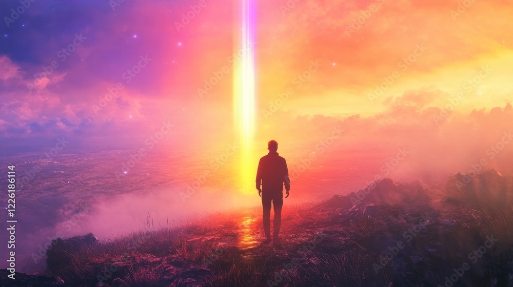 Obraz premium Man contemplates cosmic beam, sunset, mountains, hope, fantasy art