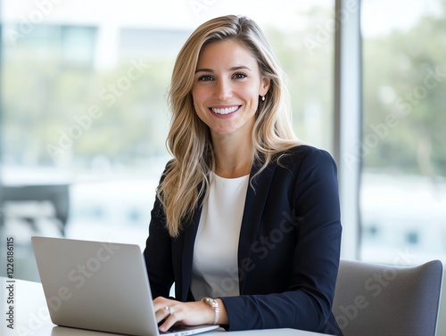 A professional woman smiling while working on a laptop in a modern office environment. She embodies confidence and dedication, showcasing a positive work attitude. photo