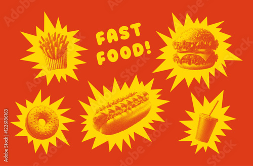 fast food retro halftone photocopy effect, comic style playful design, set of hamburger, fries, soda, donut, hot dog