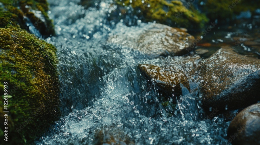 Mountain stream flows over mossy rocks, nature background, water texture Mountain stream flows over mossy rocks, nature background, water texture