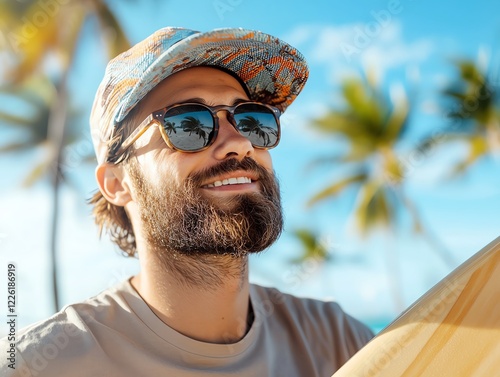 A smiling man wearing sunglasses and a colorful cap stands on the beach with a surfboard, enjoying a sunny day among palm trees. Perfect for summer and outdoor leisure themes. photo