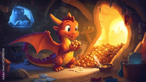 Adorable Baby Dragon Discovering a Treasure Trove in a Magical Cave photo