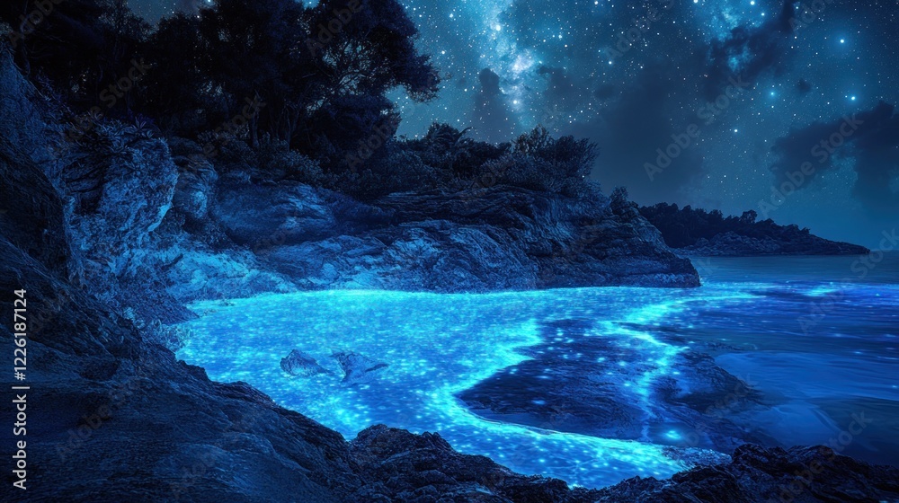 Fototapeta premium Bioluminescent Bay Night Seascape, Starry Sky, Coastal Rocks