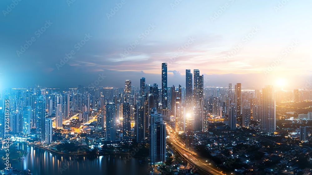 Fototapeta premium A stunning panoramic view of a modern city skyline at dusk, showcasing tall skyscrapers illuminated with vibrant lights, blending urban sophistication with serene reflections on th