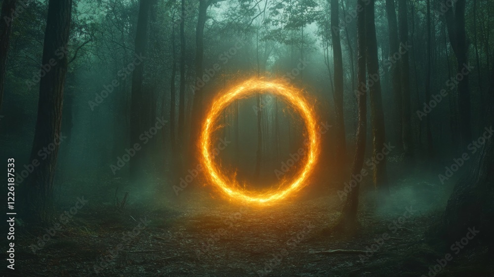 Obraz premium Fiery portal in misty forest; fantasy backdrop