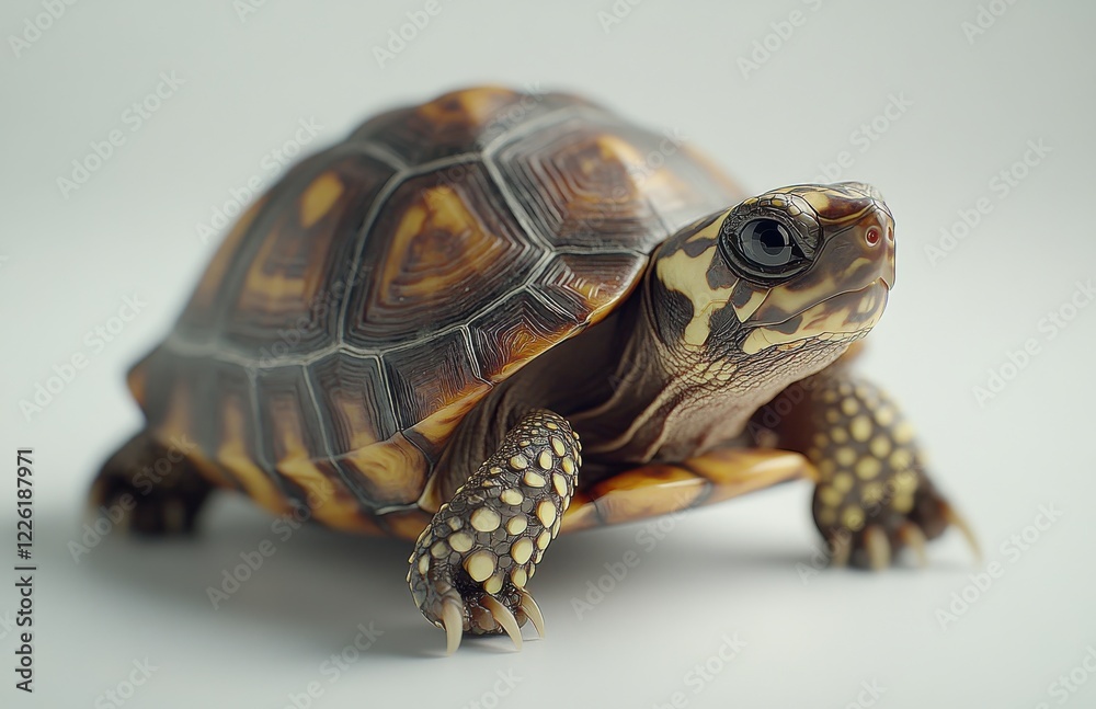 Obraz premium Close-up View of a Beautiful Turtle on a Soft Light Background, Showcasing the Unique Shell Patterns and Adorable Features of This Reptile Species