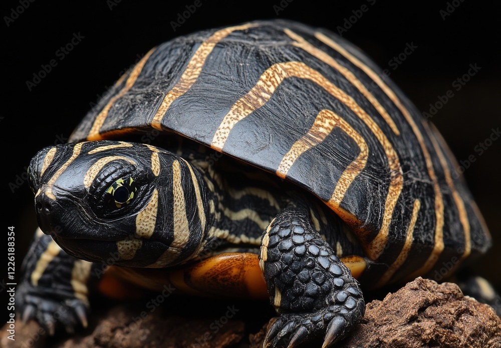 Obraz premium Close-up View of a Colorful Turtle with Striped Shell Resting on Rocky Surface in Natural Habitat, Captured in High Detail for Wildlife Photography