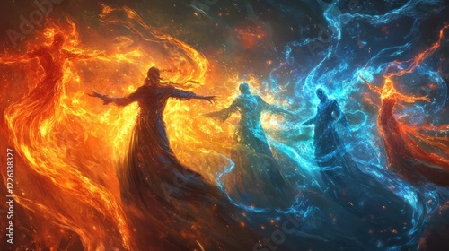 Fire, ice, spirits dance, cosmic background, fantasy art