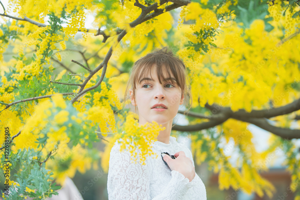 ミモザを鑑賞する女性