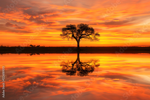 Tranquil Sunset Silhouette and Orange Sky Reflections