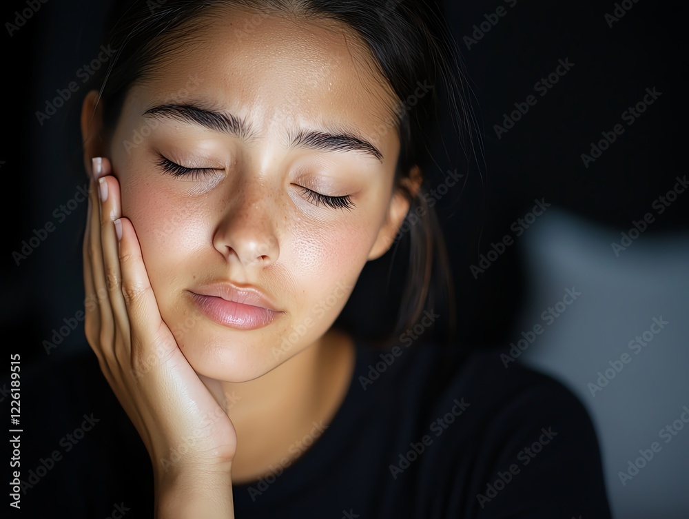 A young woman with a contemplative expression rests her chin on her hand, conveying feelings of introspection and emotional complexity in a dimly lit setting. A young woman with a contemplative expression rests her chin on her hand, conveying feelings of introspection and emotional complexity in a dimly lit setting.