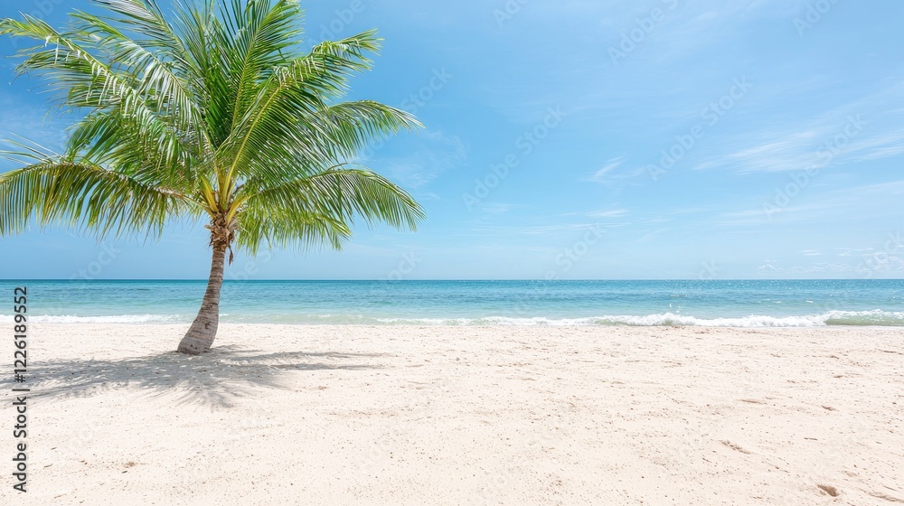 Tropical beach scene single palm tree on white sand, turquoise ocean, clear sky. Ideal for travel, vacation brochures Tropical beach scene single palm tree on white sand, turquoise ocean, clear sky. Ideal for travel, vacation brochures
