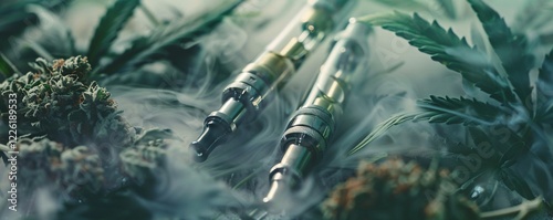 Two e-cigarette pens are encircled by cannabis buds and vapor