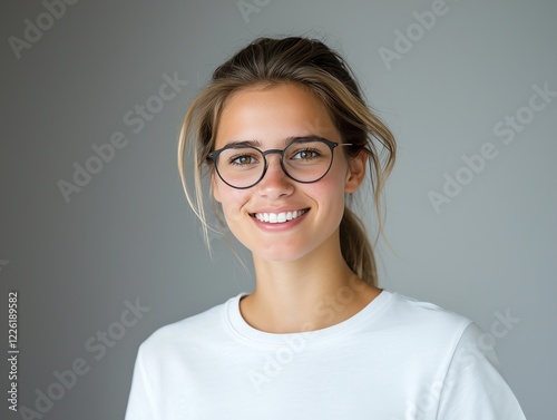 A young woman with glasses and a bright smile, showcasing confidence and positivity photo