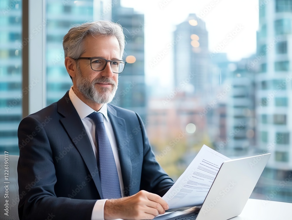 Confident businessman reviewing documents while working on a laptop. A modern office setting with city skyline views, showcasing productivity and professionalism. Confident businessman reviewing documents while working on a laptop. A modern office setting with city skyline views, showcasing productivity and professionalism.