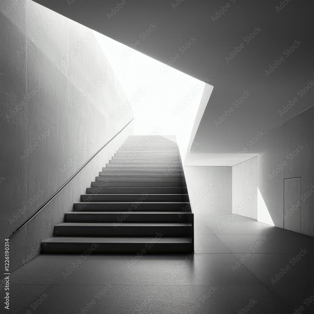 Fototapeta premium A modern interior space features a geometric staircase illuminated by natural light, blending clean architectural lines with an ambience of tranquility and sophistication.