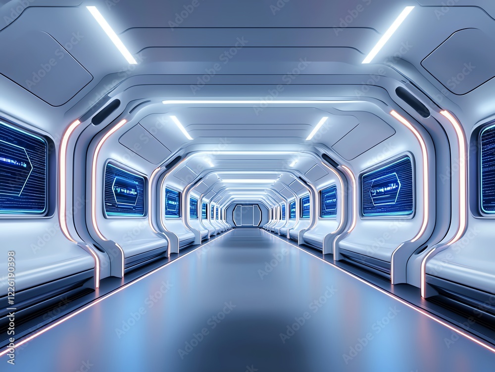 Obraz premium Futuristic corridor with sleek design, illuminated by soft blue lighting and modern screens. This environment is ideal for concepts related to innovation and advanced technology.