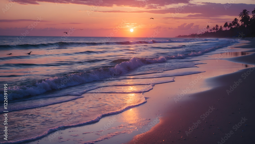 Fototapeta premium Golden sunset illuminating ocean waves, beach, and glowing scenery. Perfect for nature, travel, coastal, and relaxation concepts.