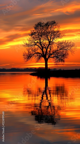 Tranquil Sunset Silhouette and Orange Sky Reflections