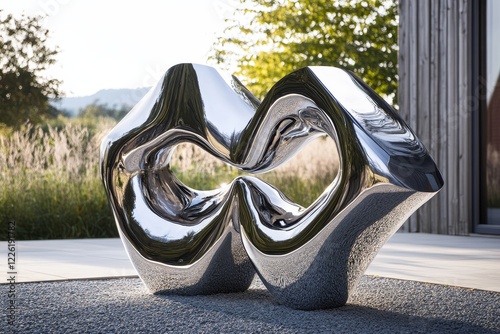 A stunning chrome sculpture with intricate infinity loops reflects its surroundings, creating a harmonious interplay of light and modern abstract art elements. photo